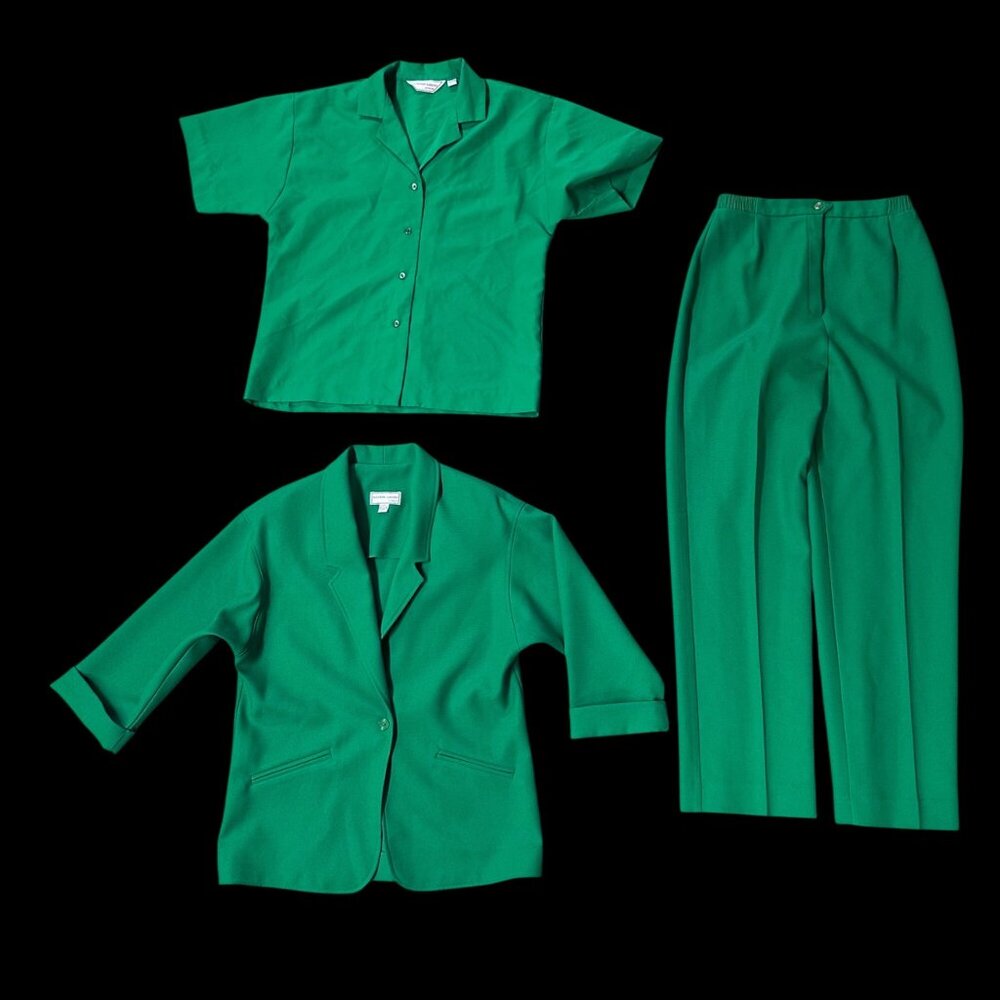 Vintage Suit Set Blazer Top Pants 3 Piece Green Size 12 Donovan Galvani USA 80s - Picture 2 of 10